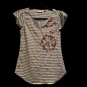 Net York & company black striped blouse. Pink sequin detail. Size small.